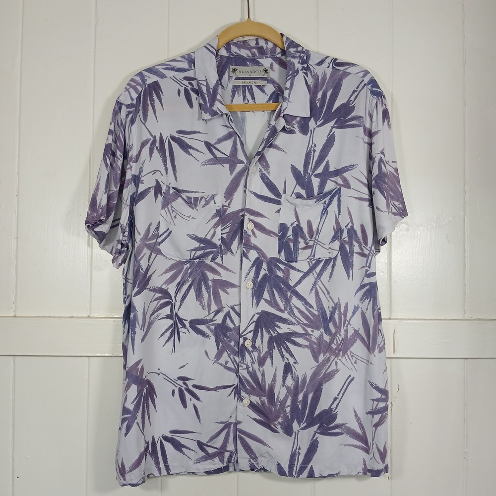 AllSaints Button Up Shirt Mens M Purple Bamboo Leaf Relaxed Fit Short Sleeve
